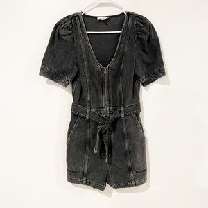 & Other Stories Denim Cotton Acid Wash Puff Sleeve Grey Belted Romper Size 0